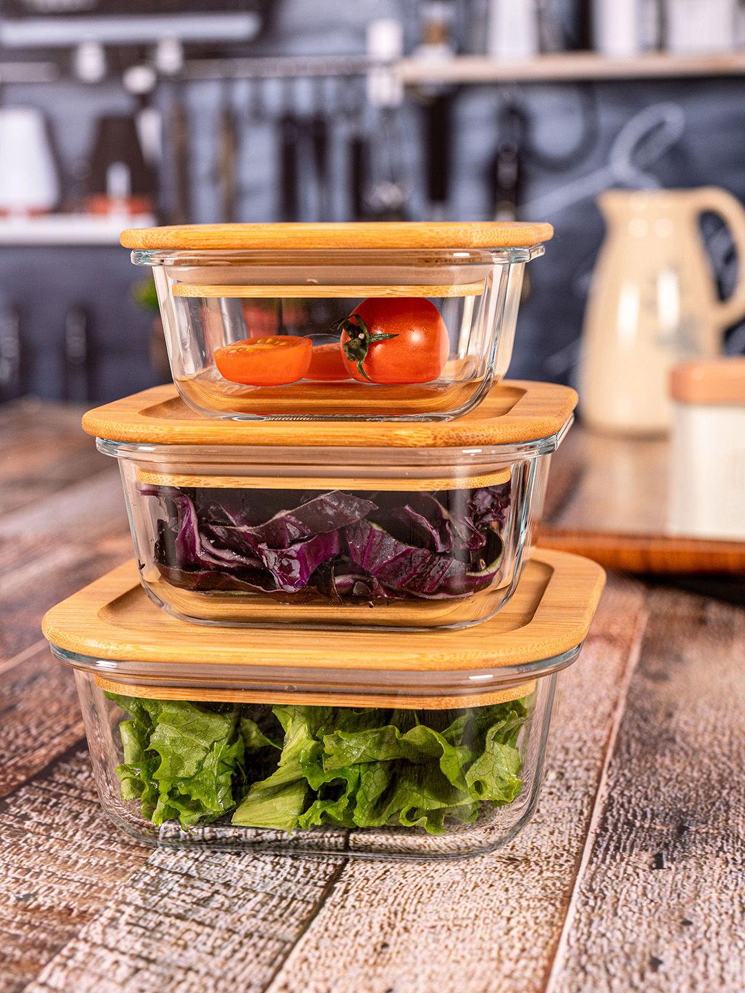 GOODHOMES Set of 3 Transparent & Brown Square Glass Storage Food Containers With Lid Price in India