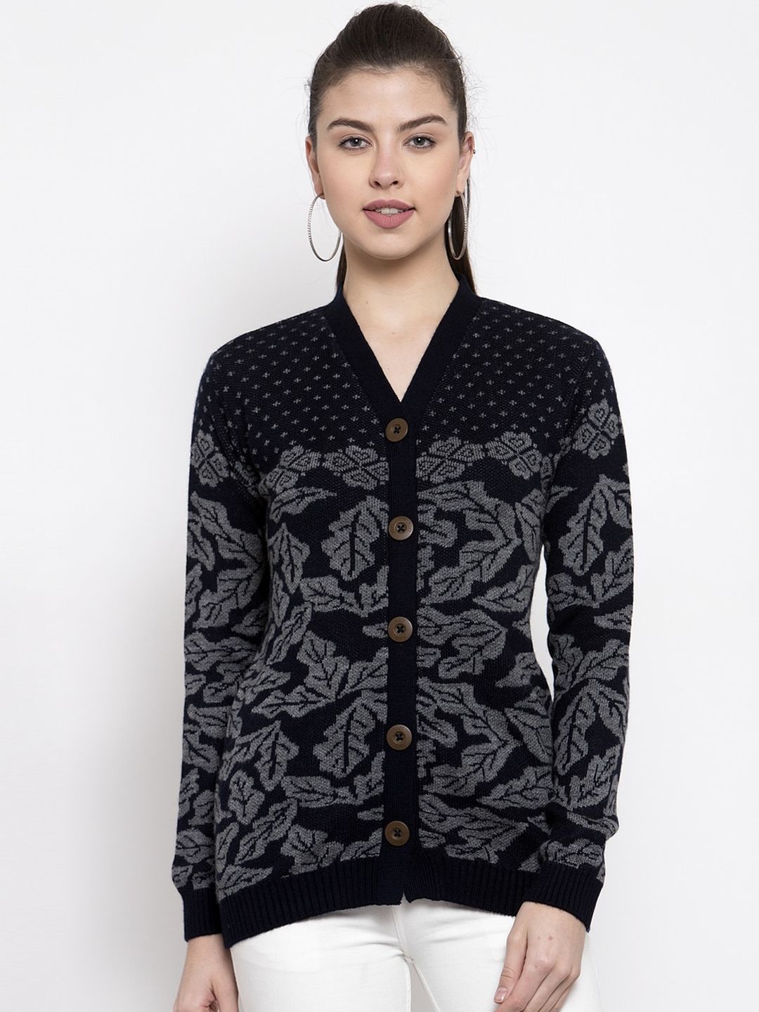 Kalt Women Navy Blue Self Design Cardigan Sweater Price in India