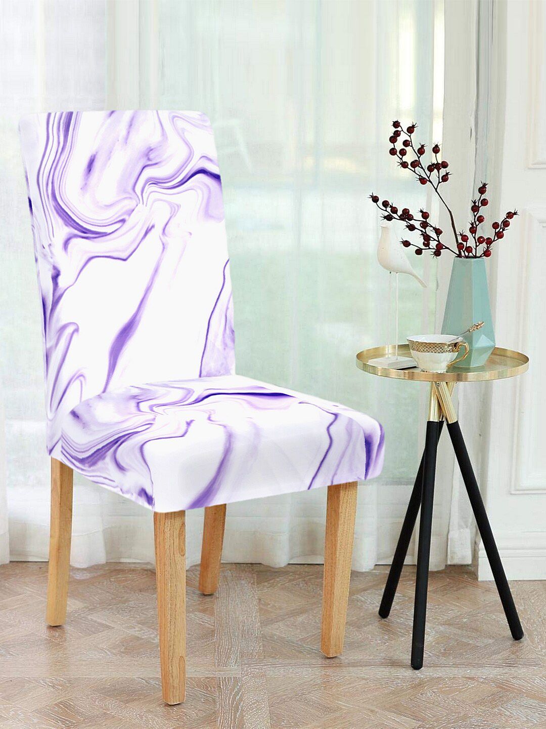 Cortina Set Of 6 White & Purple Abstract Printed Chair Covers Price in India