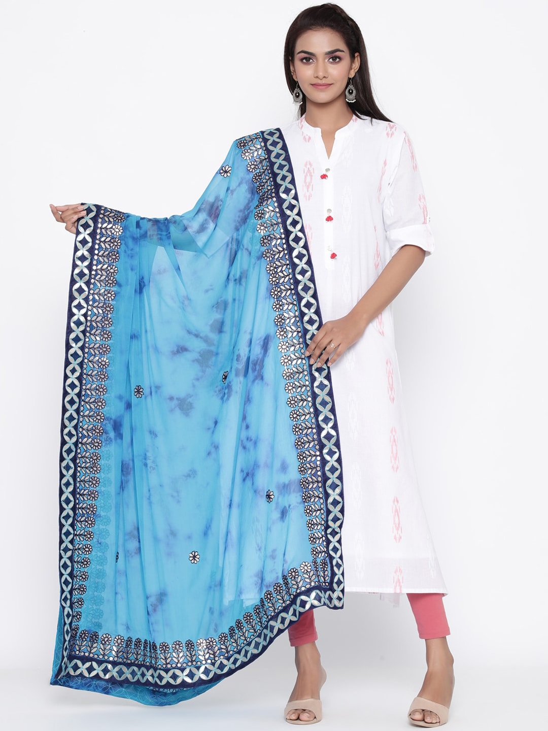 SOUNDARYA Blue & Silver-Toned Dyed Dupatta Price in India