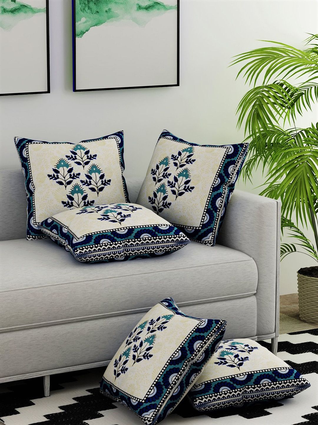Salona Bichona Blue & White Set of 5 Ethnic Motifs Square Cushion Covers Price in India
