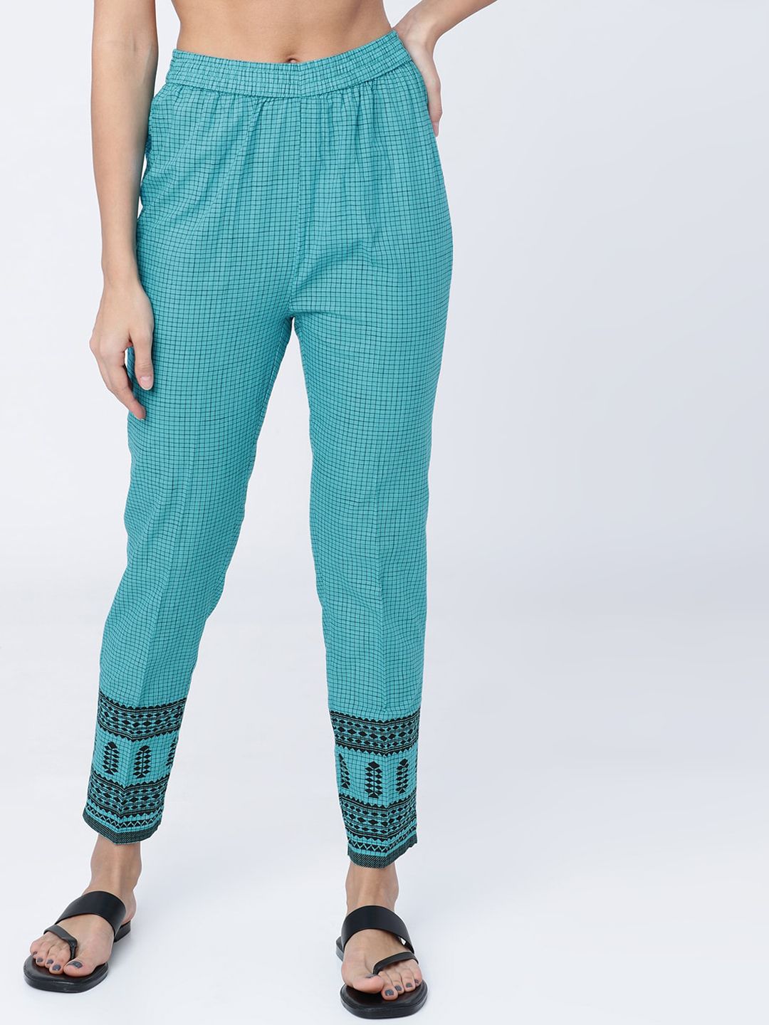 Vishudh Women Turquoise Blue Regular Fit Printed Regular Trousers Price in India
