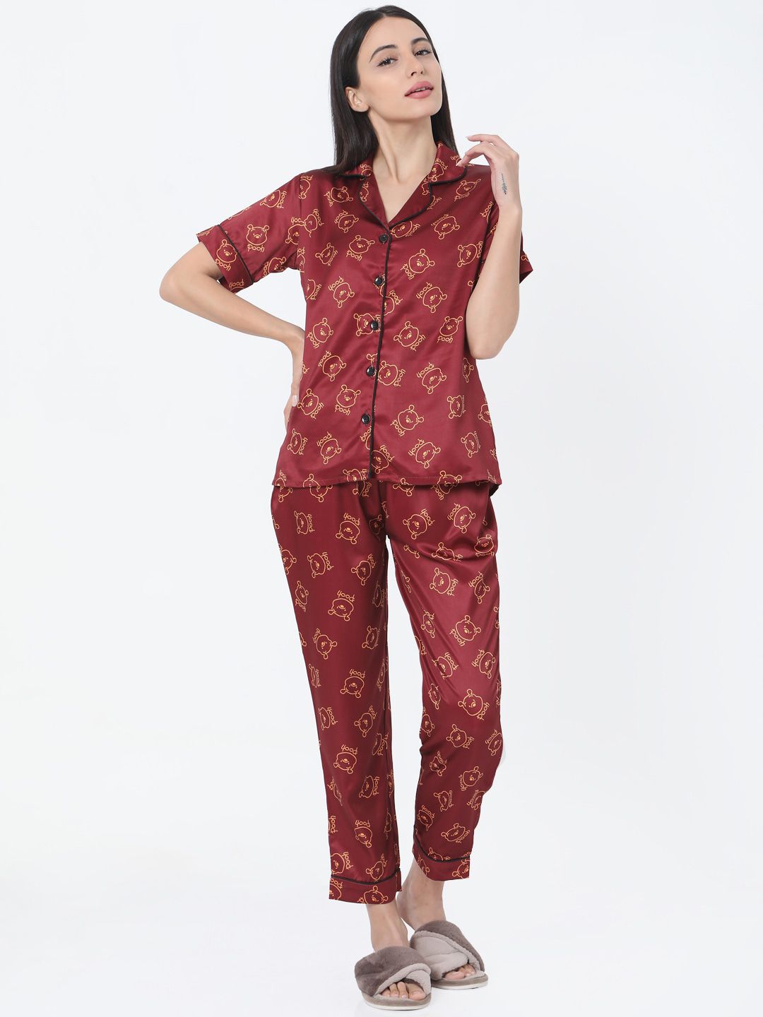 Smarty Pants Women Maroon & Orange Printed Satin Night Suit Price in India