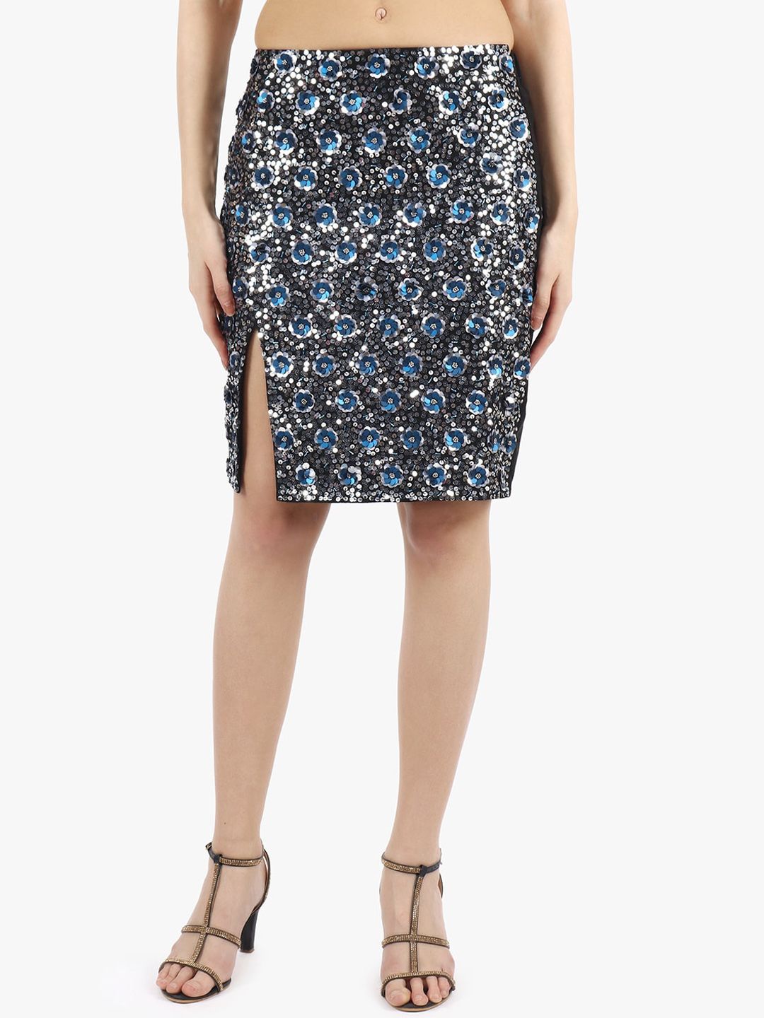 Diwaah Women Black & Blue Embellished Knee-Length Straight Skirt