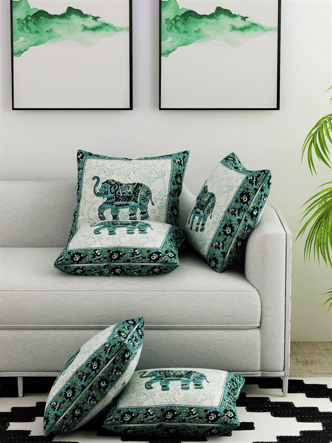 Salona Bichona Green Set of 5 Ethnic Motifs Square Cushion Covers Price in India