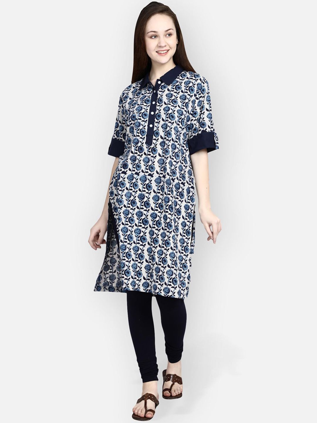 Molcha Blue & White Floral Printed Cotton Kurta