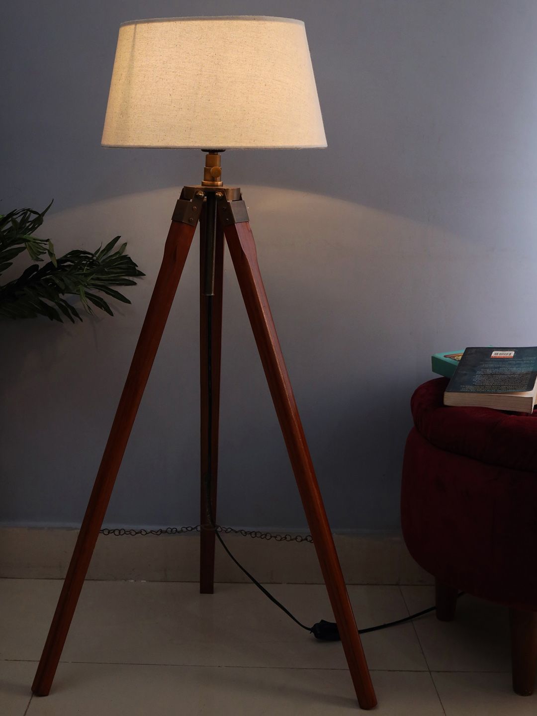 Homesake Brown & Cream-Coloured Wooden Tripod Lamp with Shade Price in India