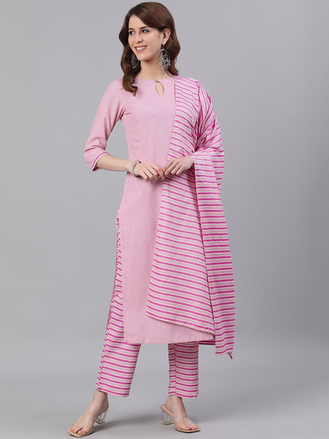 Jaipur Kurti Women Pink Solid Kurta with Palazzos & Dupatta Price in India