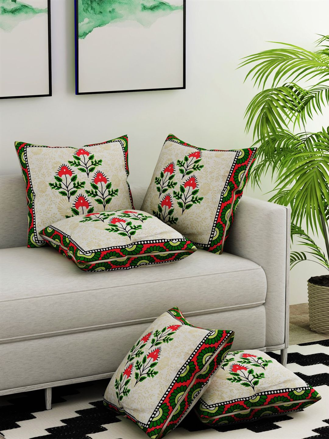 Salona Bichona Green & White Set of 5 Ethnic Motifs Square Cushion Covers Price in India