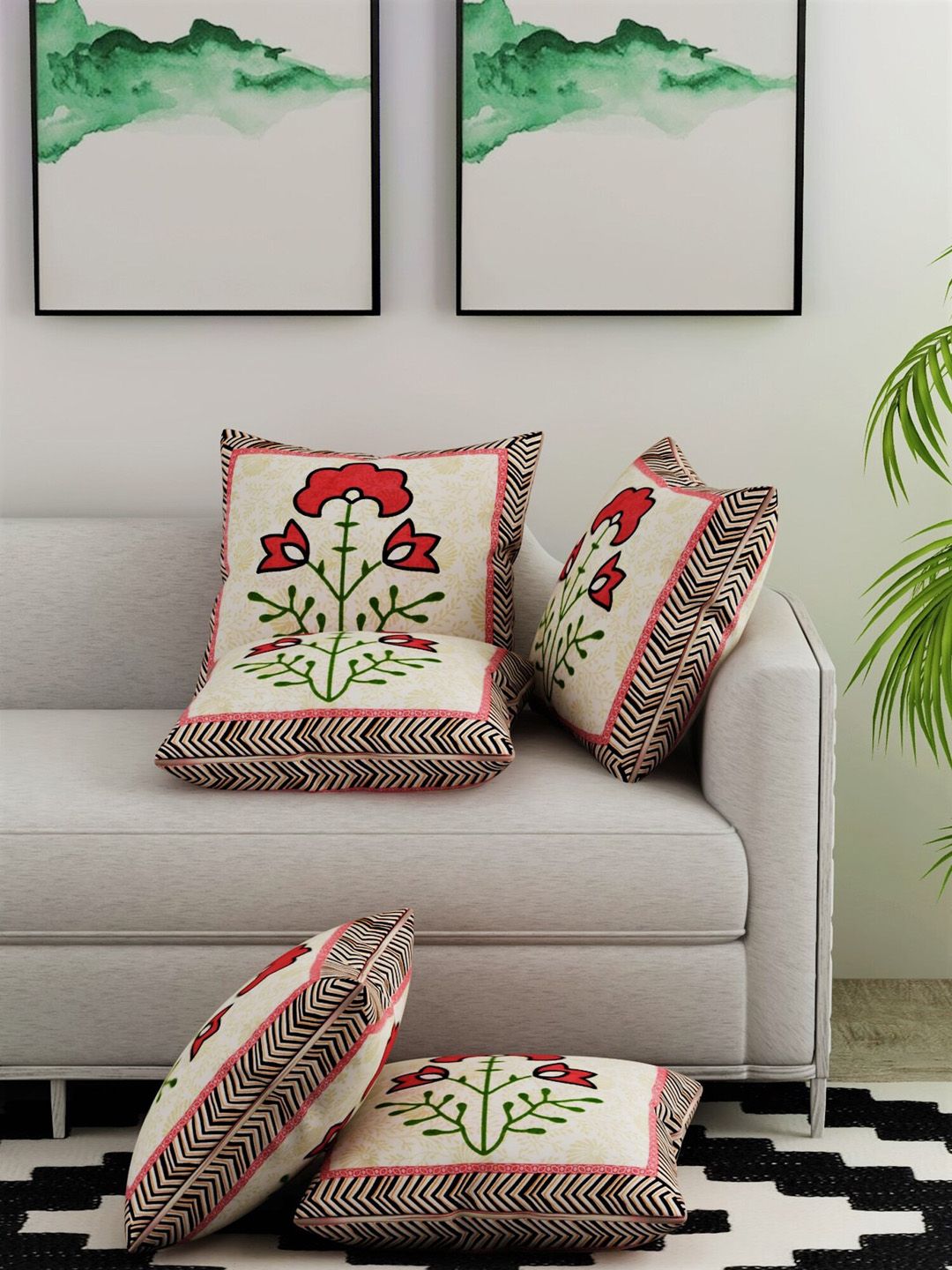 Salona Bichona Off-White & Peach-Coloured Set of 5 Floral Square Cushion Covers Price in India