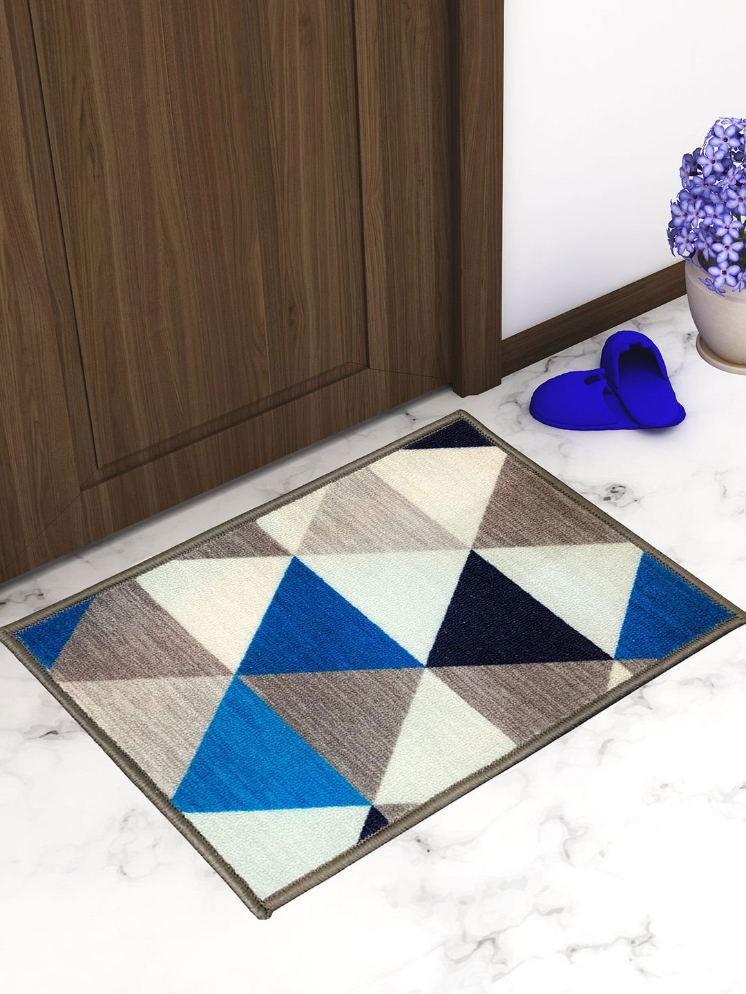 Athom Trendz Grey & Blue Printed Anti-Skid Doormat Price in India