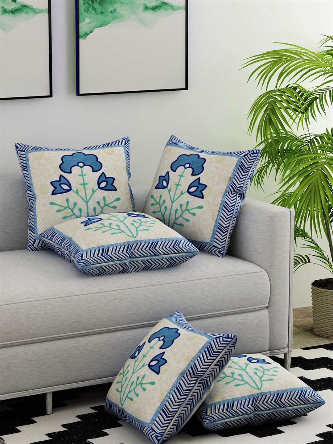 Salona Bichona White & Blue Set of 5 Floral Square Cushion Covers Price in India