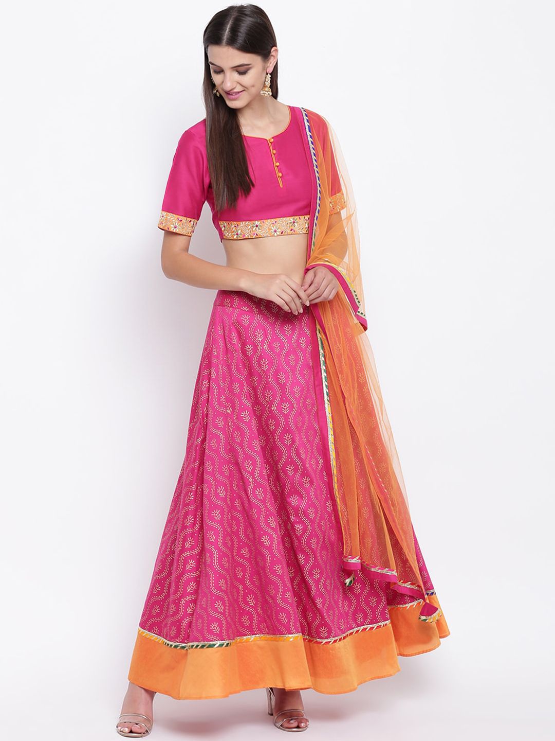 Shakumbhari Pink & Gold-Toned Solid Ready to Wear Lehenga & Blouse with Dupatta