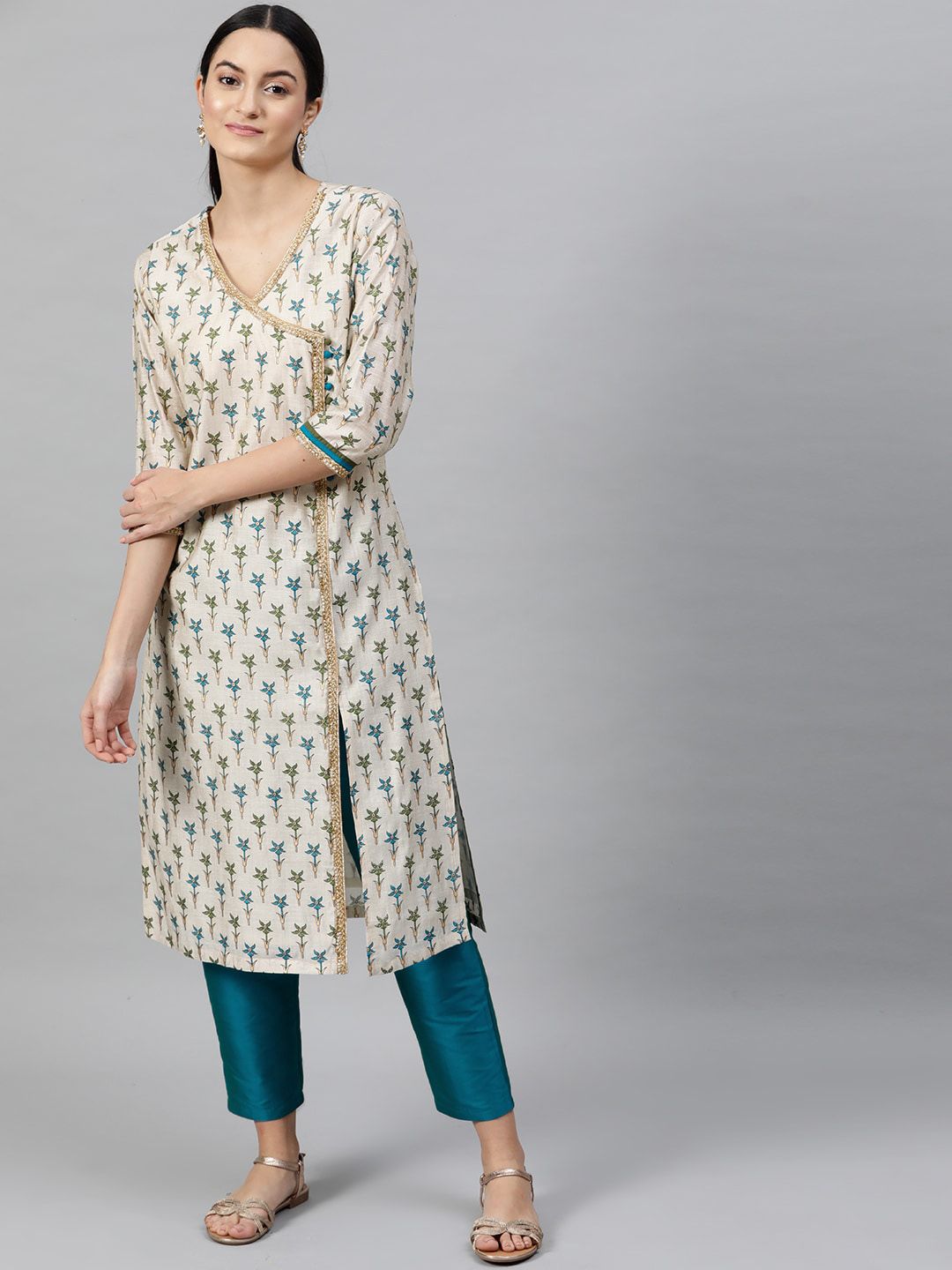 STREET 9 Women Cream-Coloured & Turquoise Blue Printed Kurta with Trousers