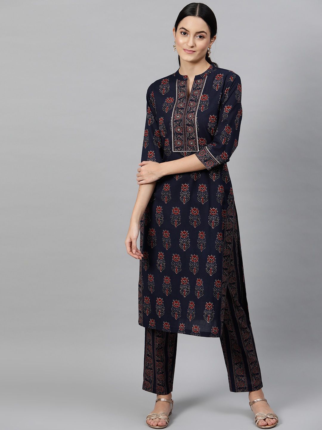 STREET 9 Women Navy Blue Printed Kurta with Trousers Price in India