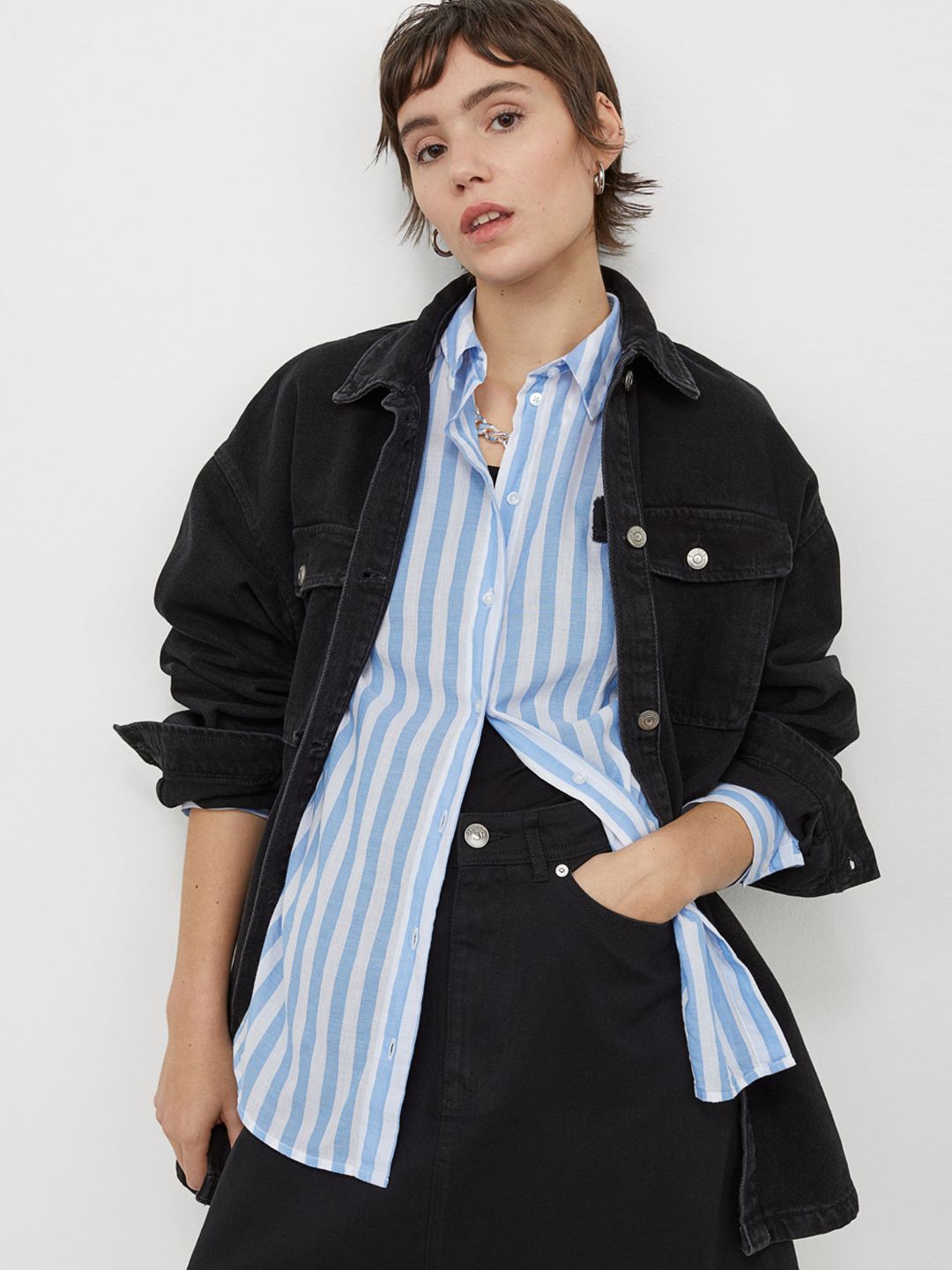 H&M Women Blue & White Cotton Shirt