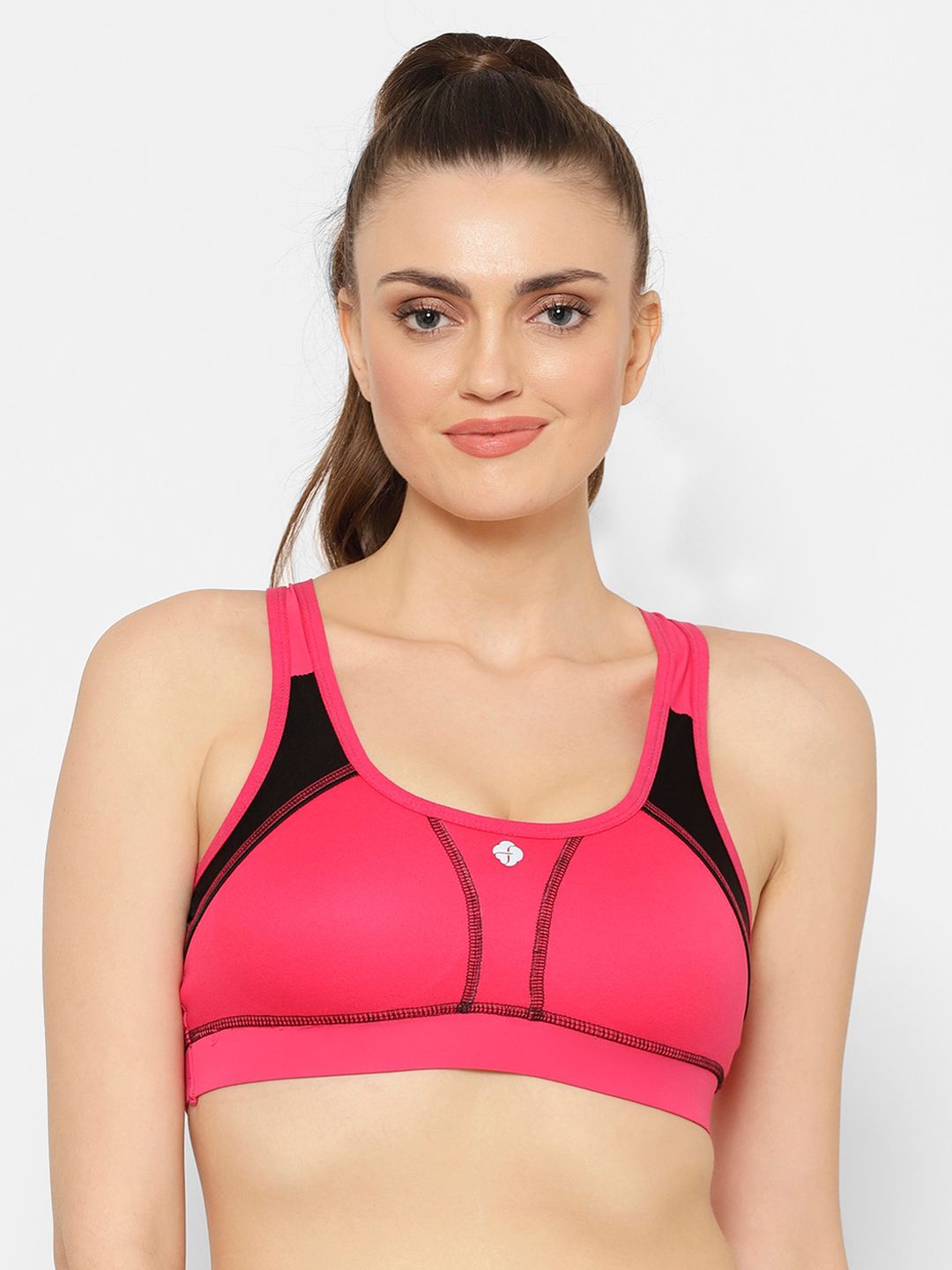 Floret Pink & Black Colourblocked Non-Wired Non Padded Workout Bra T3072 Price in India