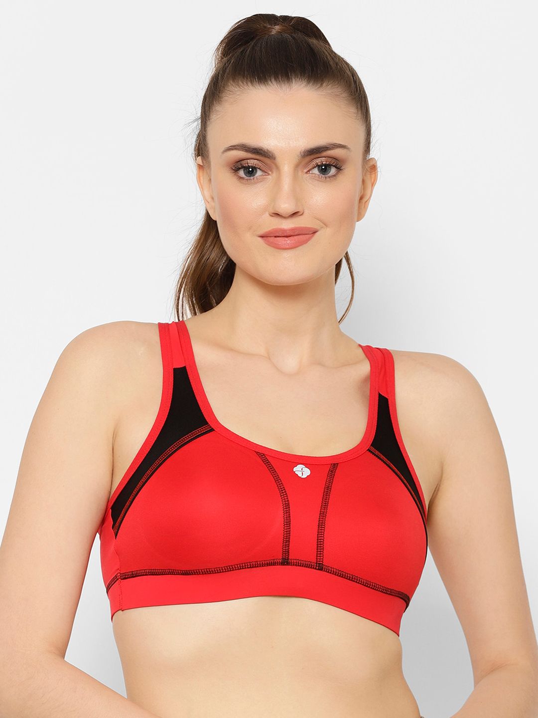 Floret Red & Black Colourblocked Non-Wired Non Padded Workout Bra T3072 Price in India