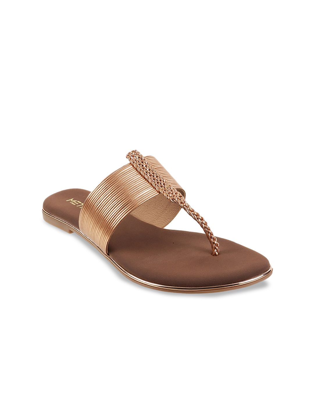 Metro Women Beige Embellished T-Strap Flats Price in India