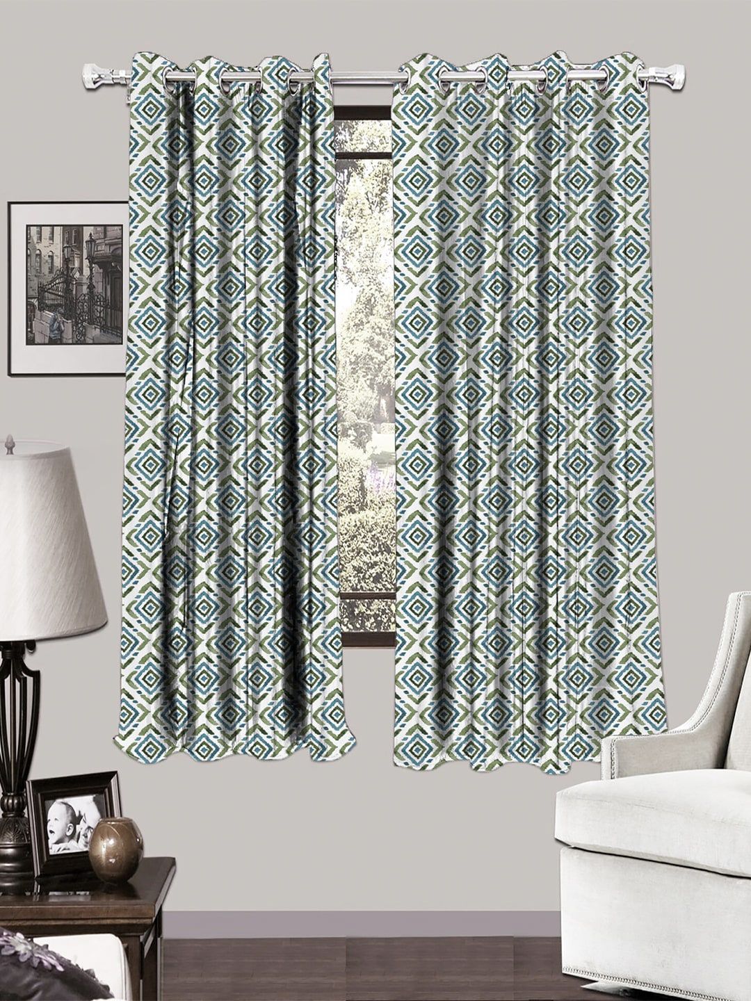 HOUZZCODE White & Blue Set of 2 Printed Black Out Window Curtains Price in India