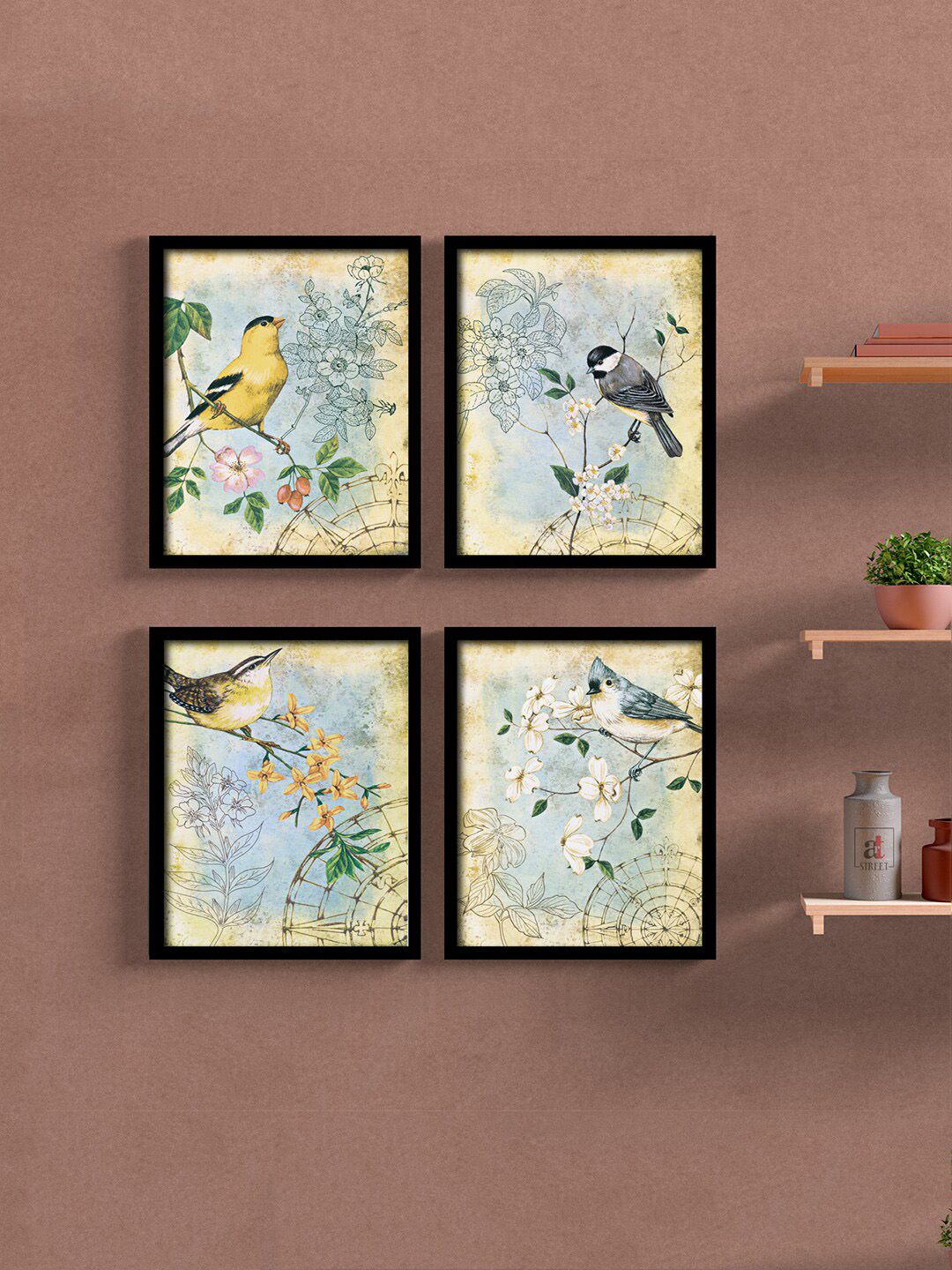 Art Street Set of 4 Blue & Yellow Framed Painted Wall Arts Price in India
