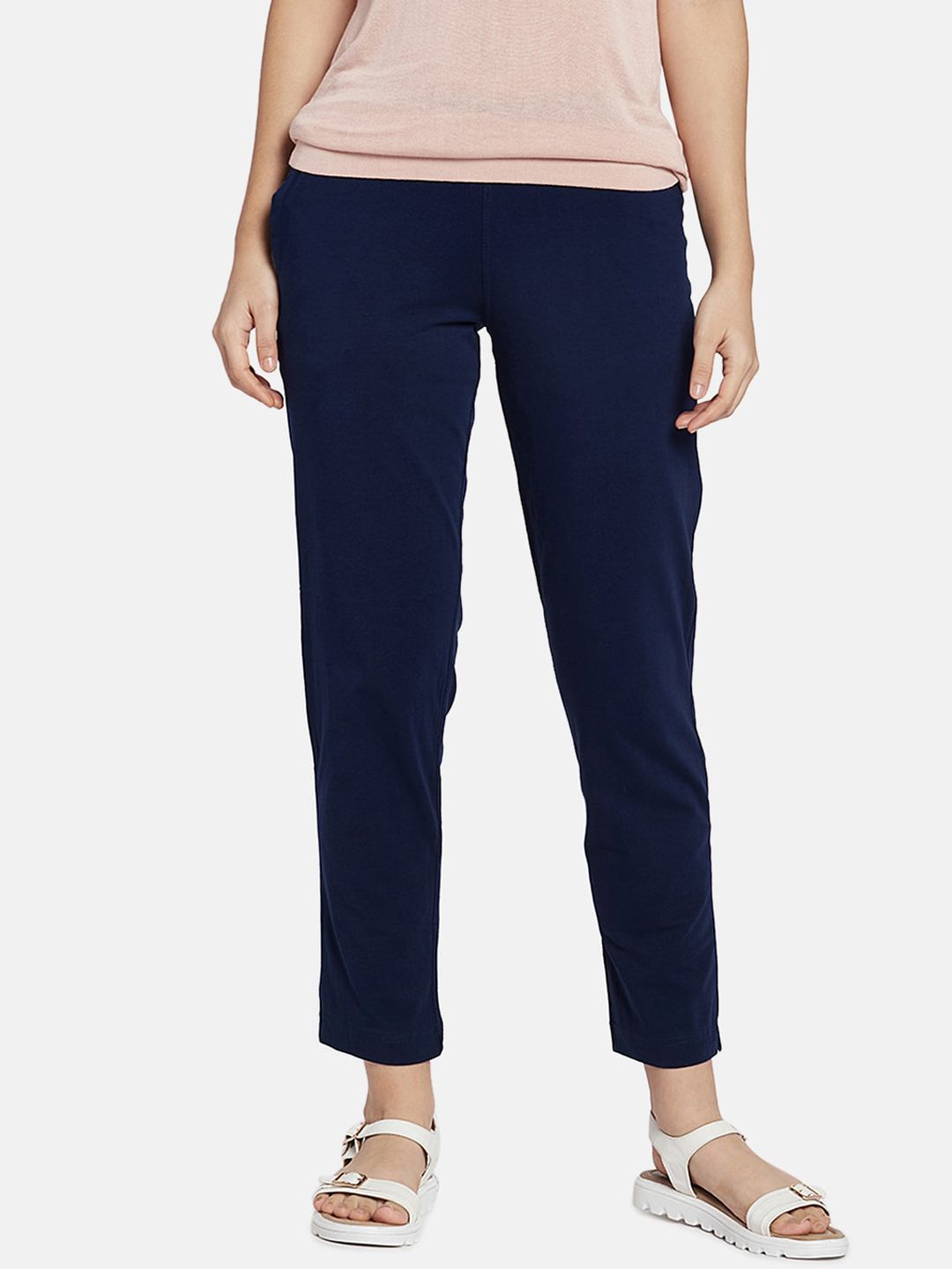 Go Colors Women Navy Blue Regular Fit Solid Regular Trousers