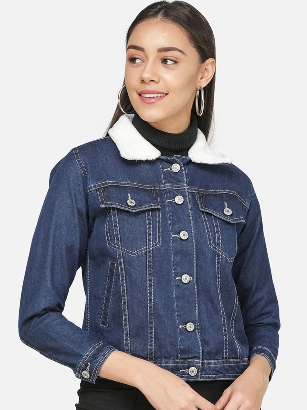 DECHEN Women Navy Blue Solid Denim Jacket