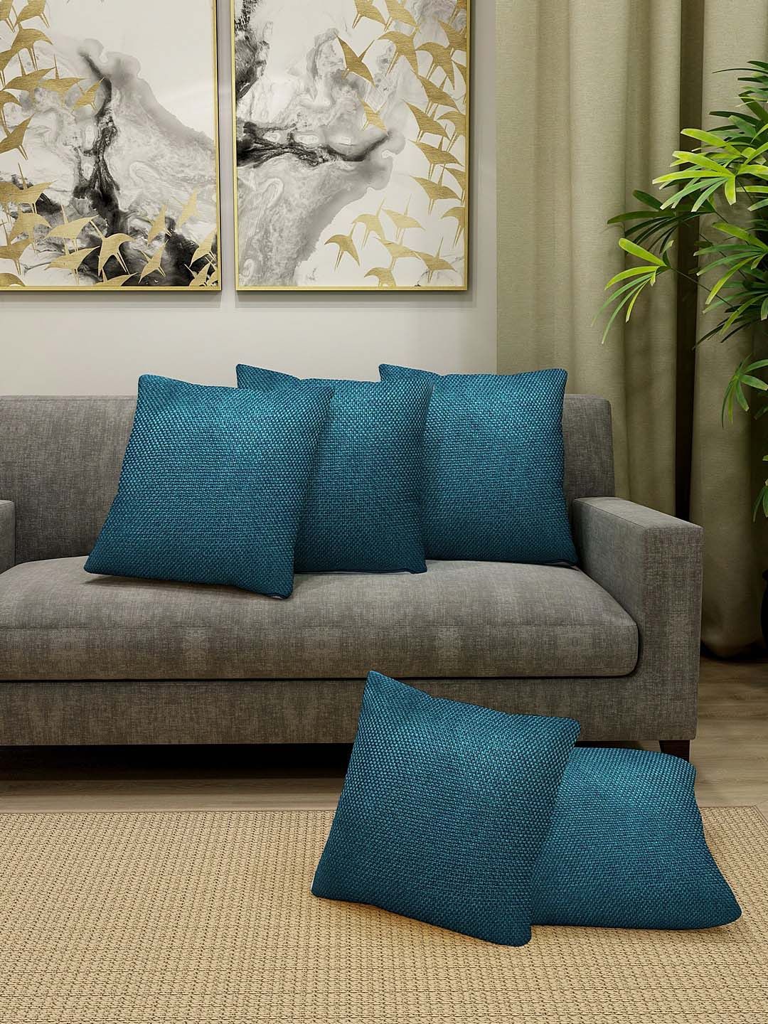 HOSTA HOMES Blue Set of 5 Self Design Square Cushion Covers Price in India