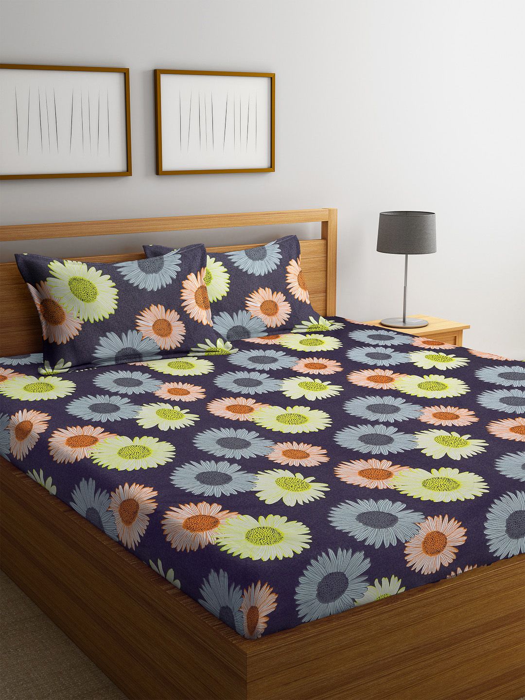 Home Sizzler Blue & Yellow Floral 144 TC Polyester 1 Queen Bedsheet with 2 Pillow Covers Price in India