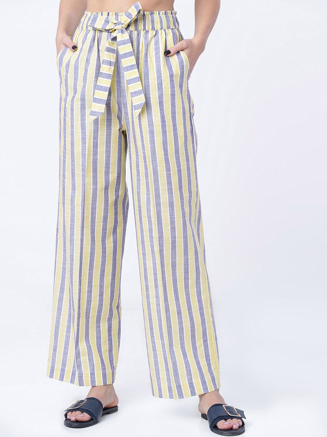 Vishudh Women Navy Blue Regular Fit Striped Parallel Trousers Price in India