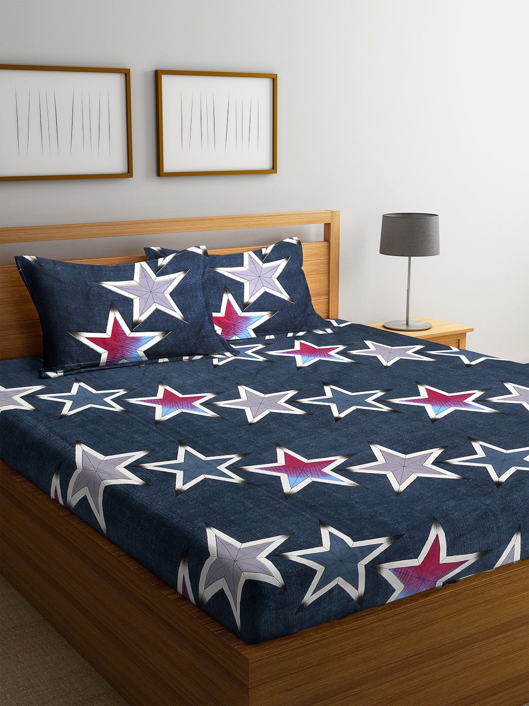 Home Sizzler Navy Blue Geometric 144 TC Polyester 1 Queen Bedsheet with 2 Pillow Covers Price in India