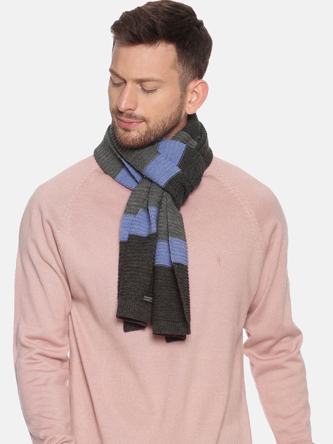 513 Men Charcoal Grey & Blue Woven Design Premium Quality Knitted Muffler