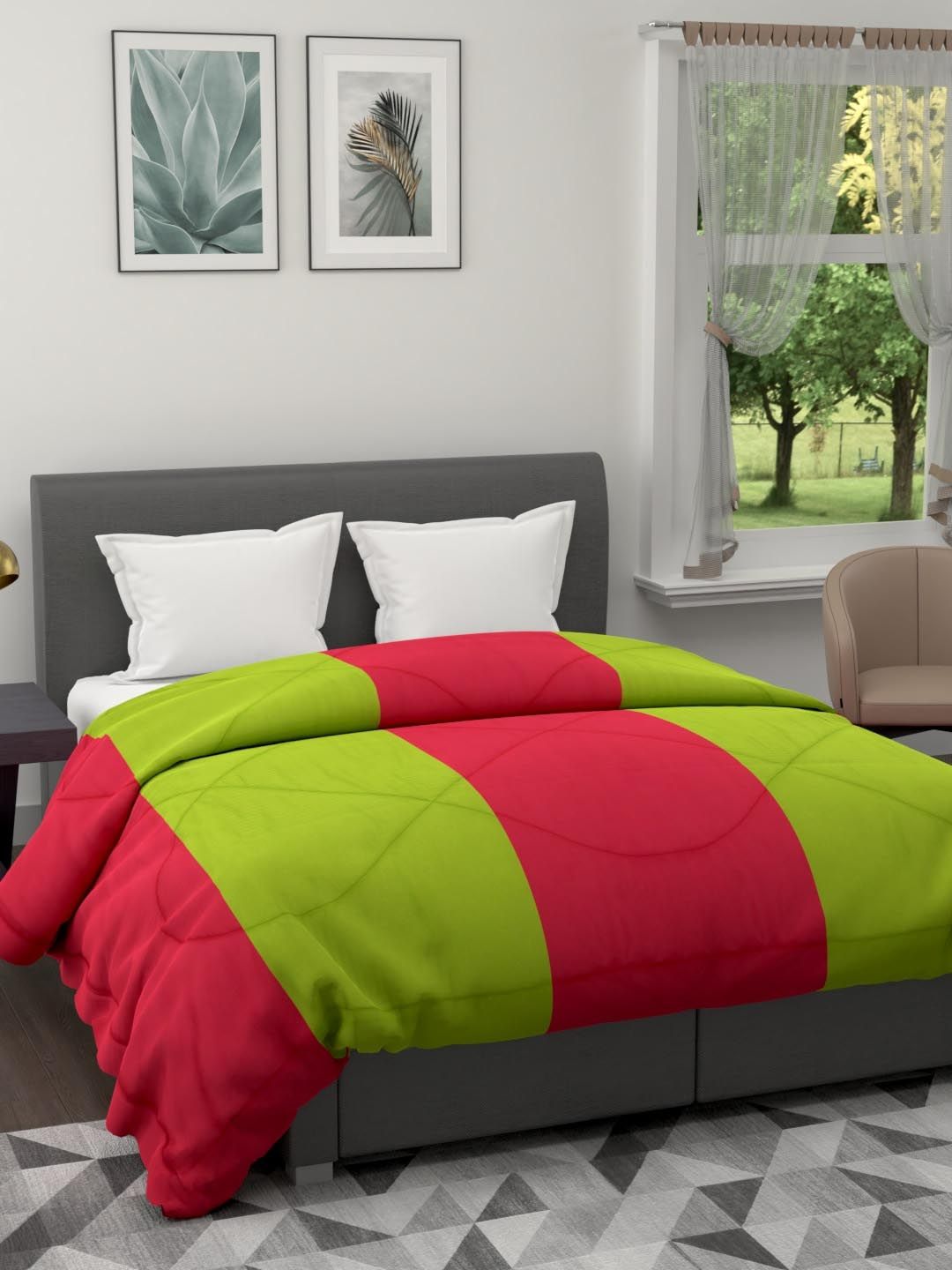 Clasiko Red & Green Striped AC Room 120 GSM Double Bed Quilt Price in India