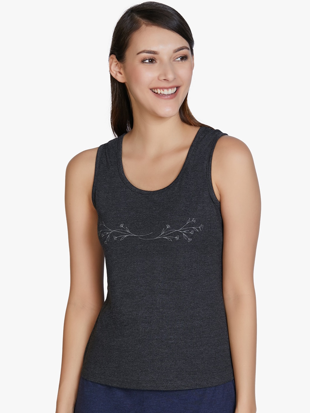 Amante Women Charcoal Black Printed Lounge Tank T-Shirt Price in India