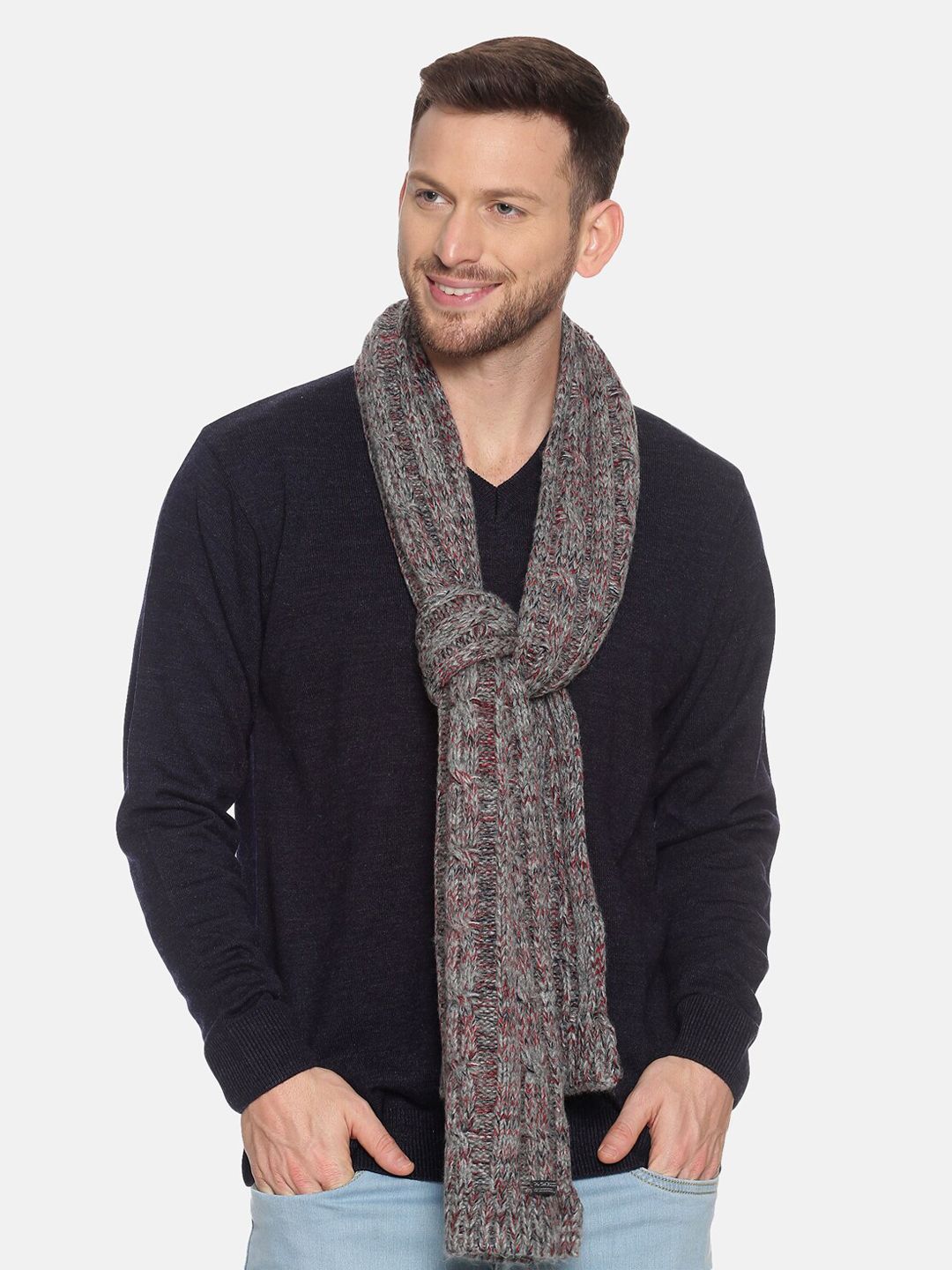 513 Men Grey & Red Self-Design Knitted Muffler
