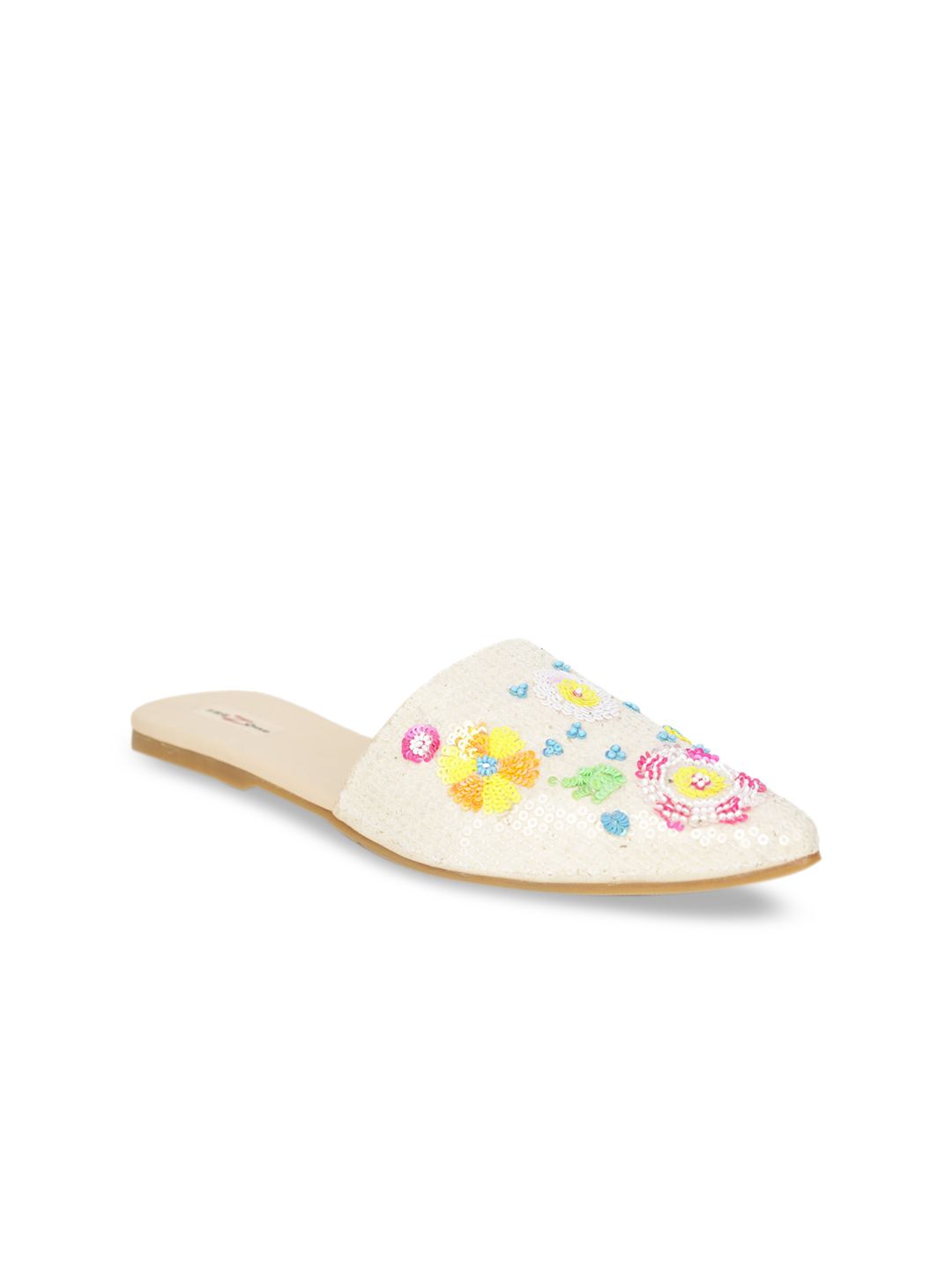 Shezone Women Cream-Coloured Woven Design Mules