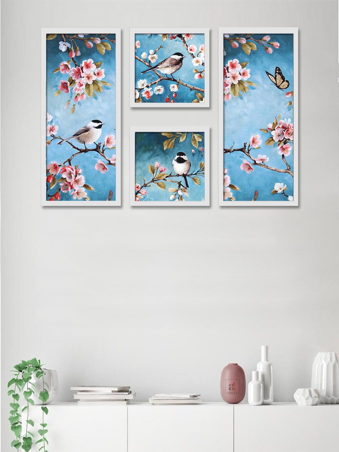 Art Street Set Of 4 Blue & Pink Abstract Birds Theme Framed Paintings Price in India