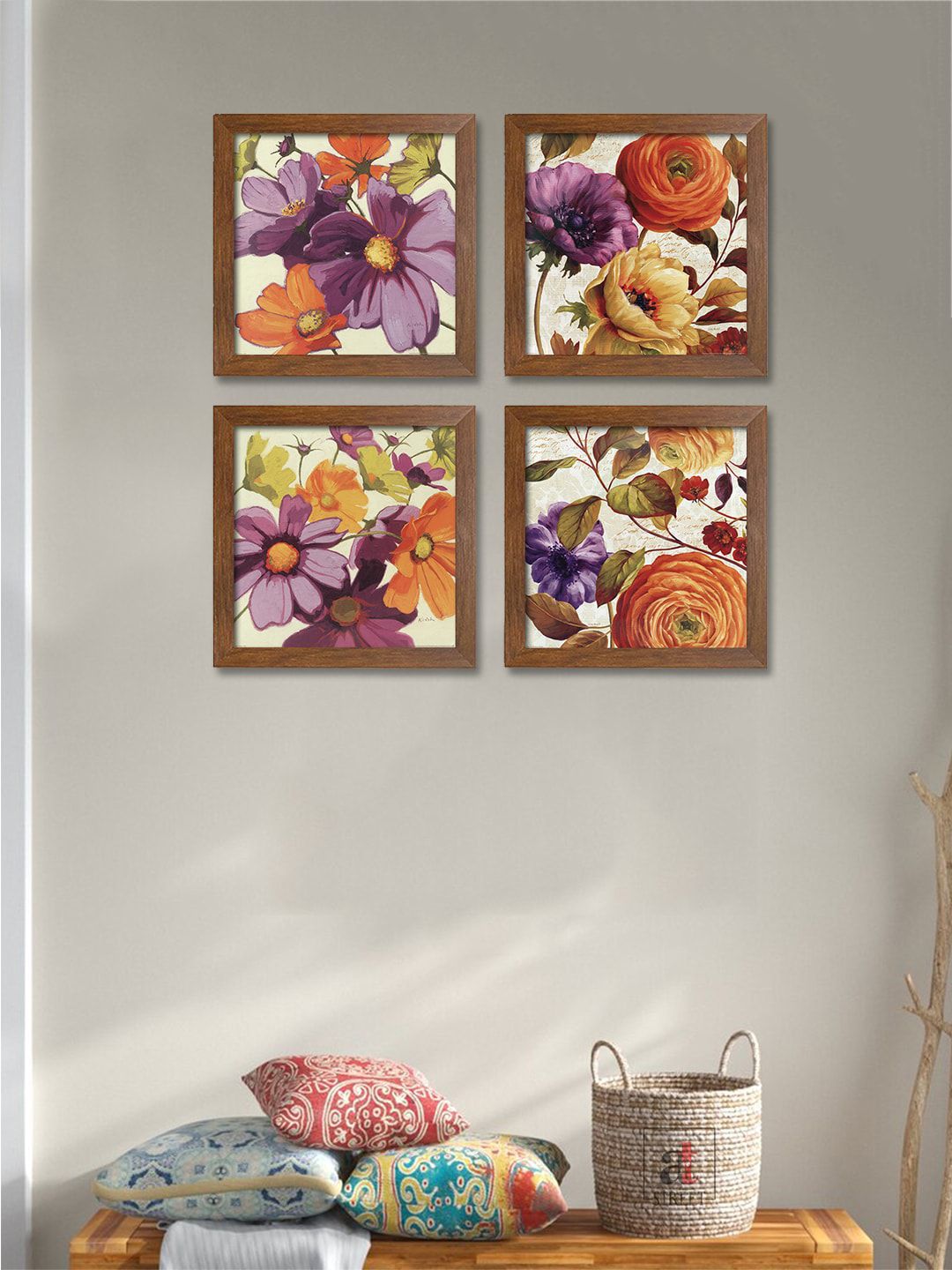 Art Street Set Of 4 Purple & Orange Floral & Botanical Printed Framed Wall Art Price in India