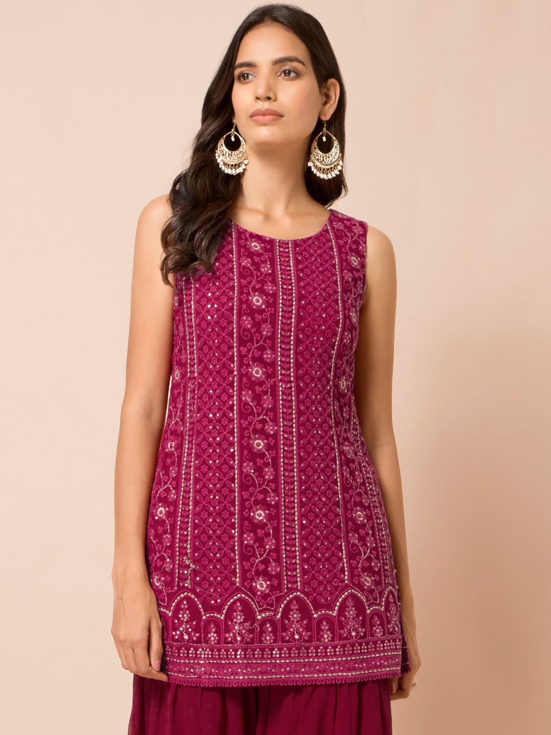 INDYA Women Burgundy & Maroon Floral Embroidered Chikankari Kurti Price in India
