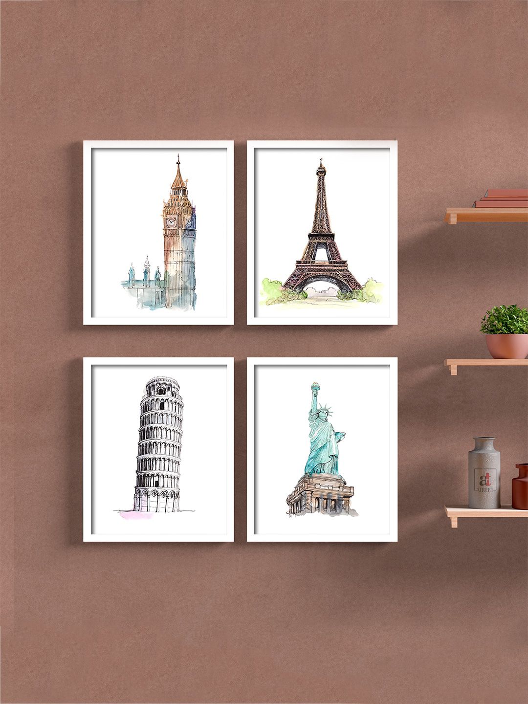 Art Street Set Of 4 White & Brown Printed Street Framed Canvas Wall Art Price in India