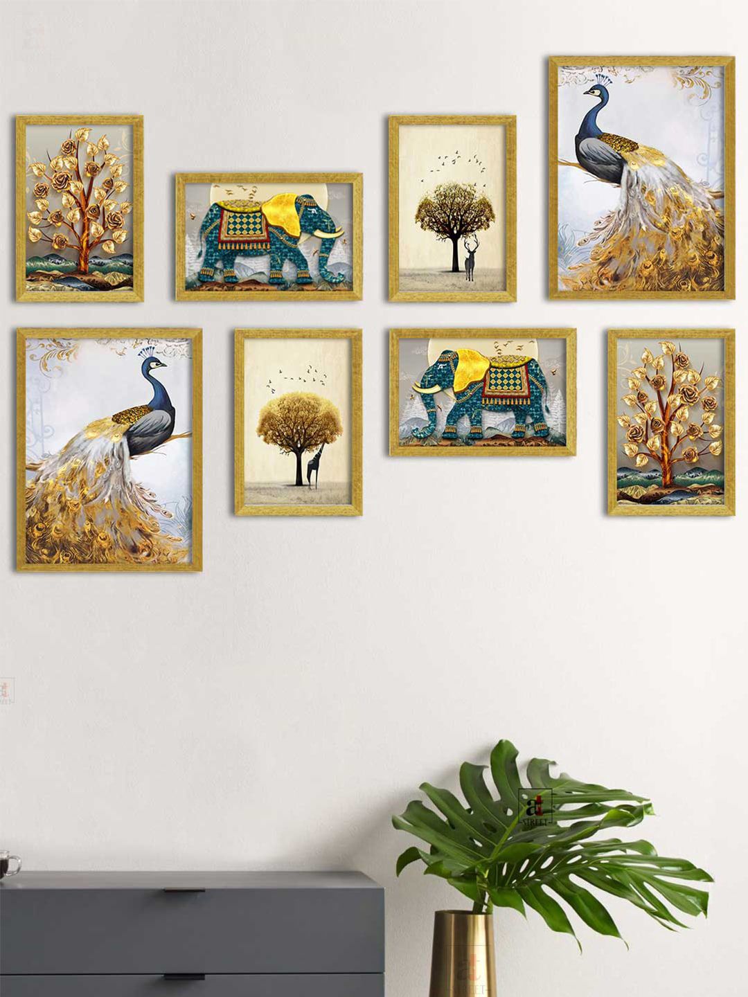 Art Street Set Of 8 Gold-Toned & Blue Birds & Animals Printed Framed Wall Art Price in India