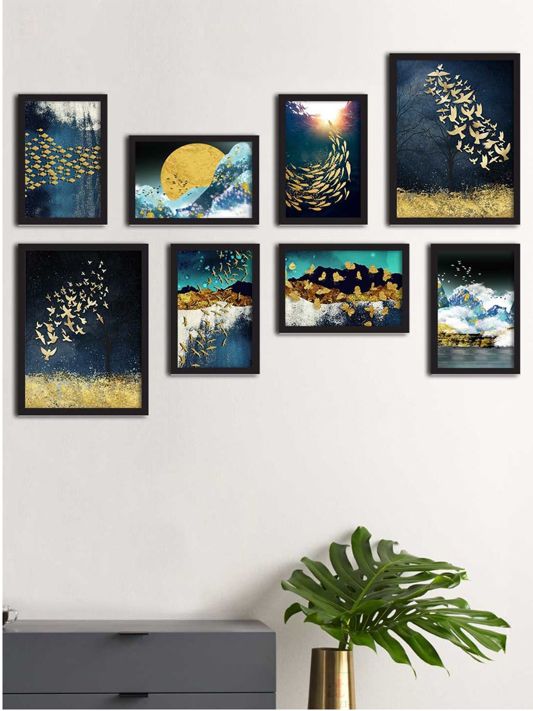 Art Street Set Of 8 Black & Navy Blue Abstract Birds Theme Framed Paintings Price in India