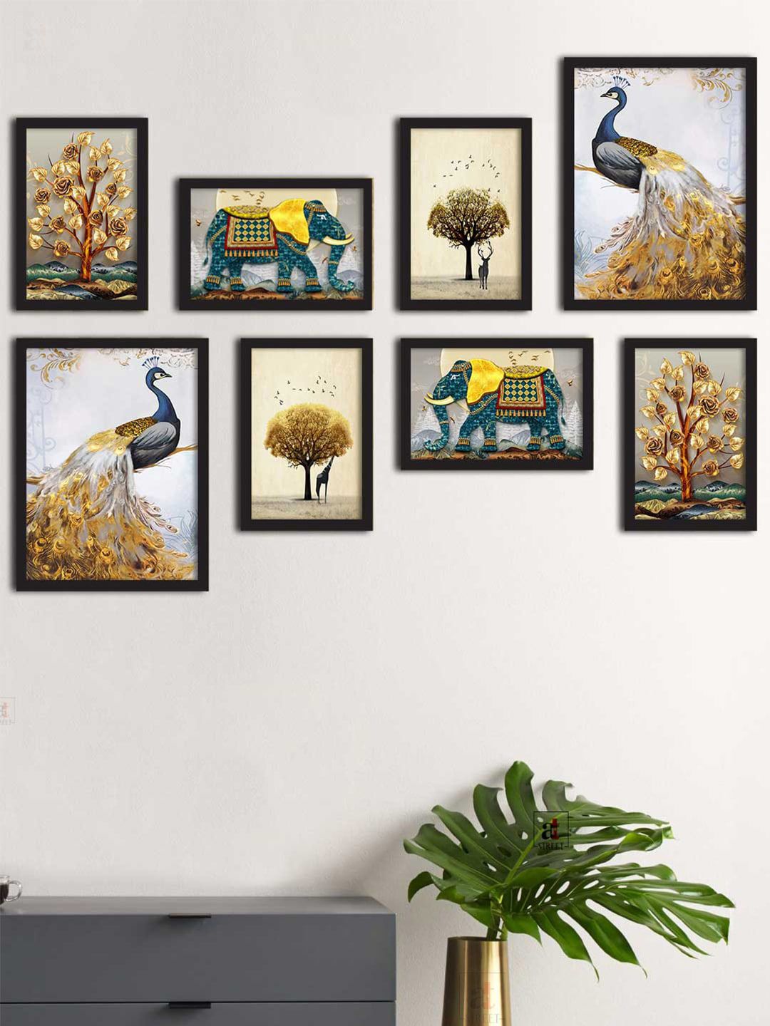 Art Street Set Of 8 Blue & Beige Animal Theme Individual Framed Paintings Price in India