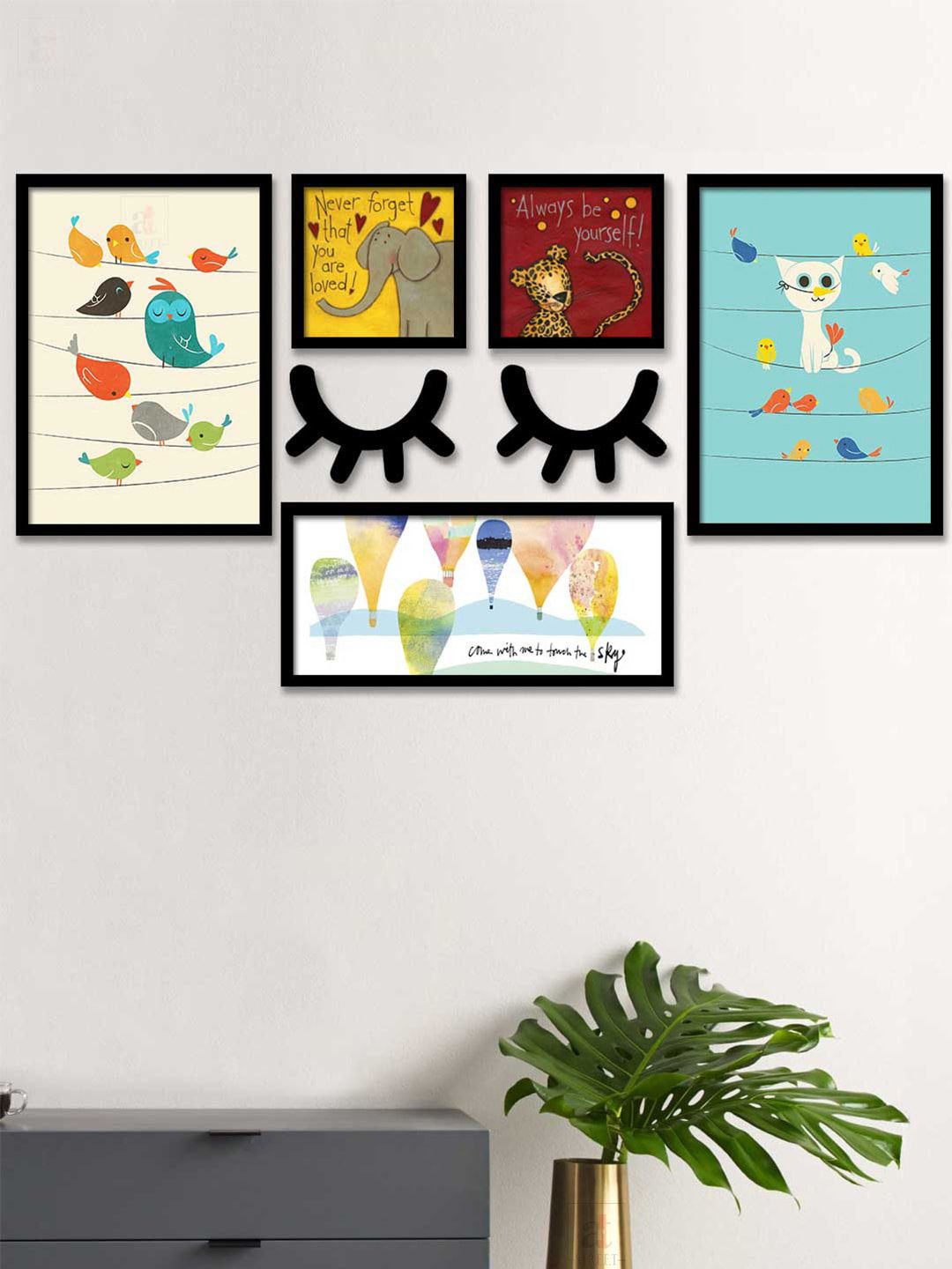 Art Street Set Of 5 Blue & Yellow Birds & Animals Printed Framed Wall Art Price in India