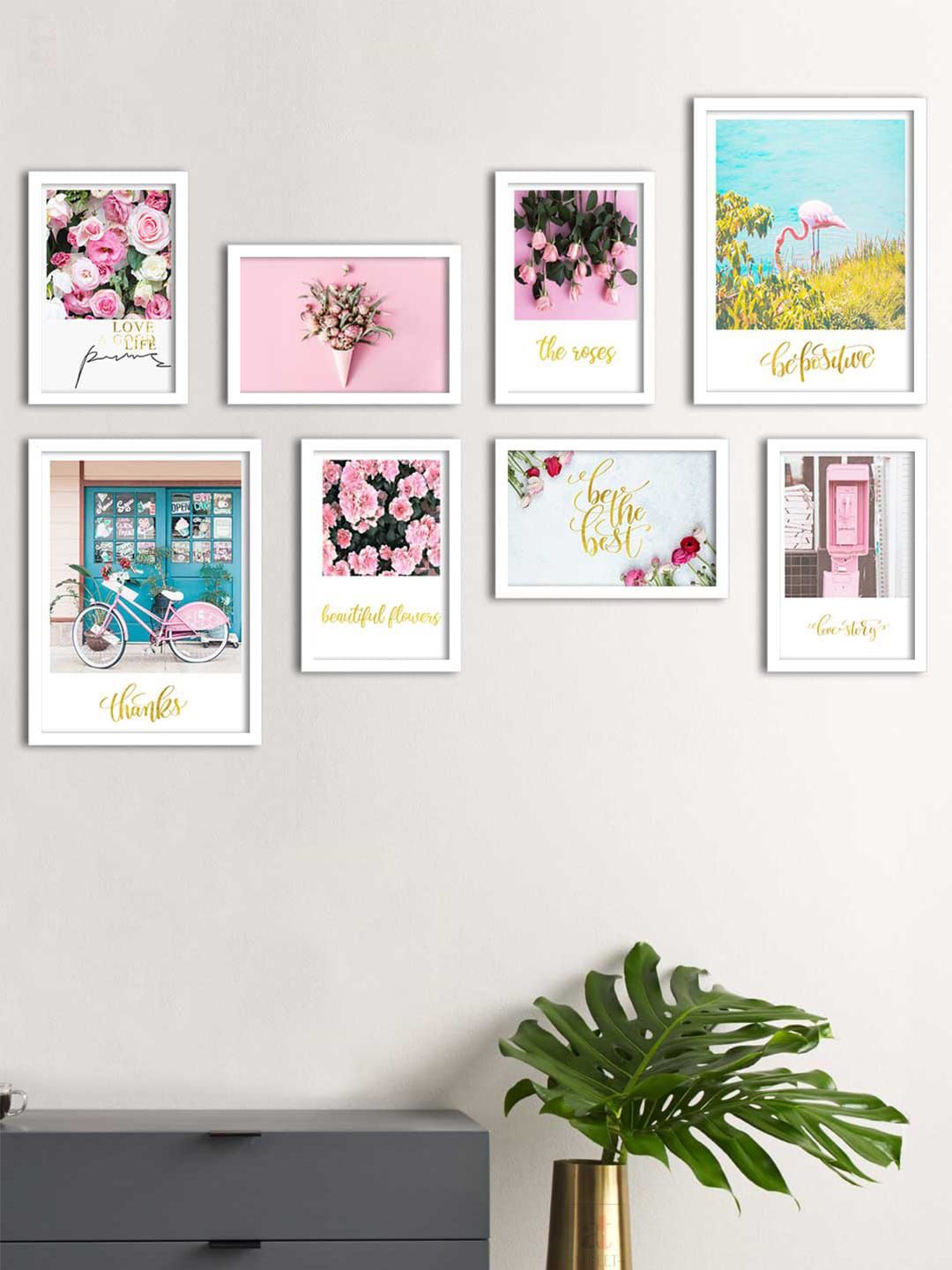 Art Street Set Of 8 Pink & White Floral & Botanical Printed Wall Art Price in India