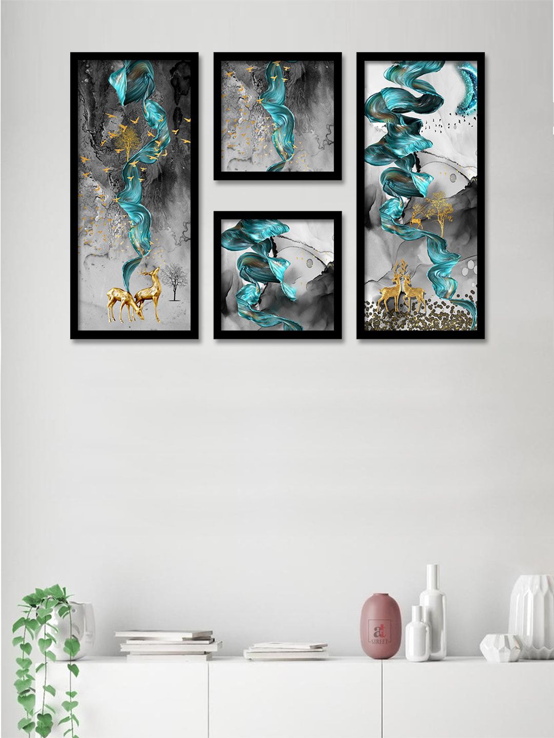 Art Street Set of 4 Black & Blue Theme Framed Wall Paintings Price in India