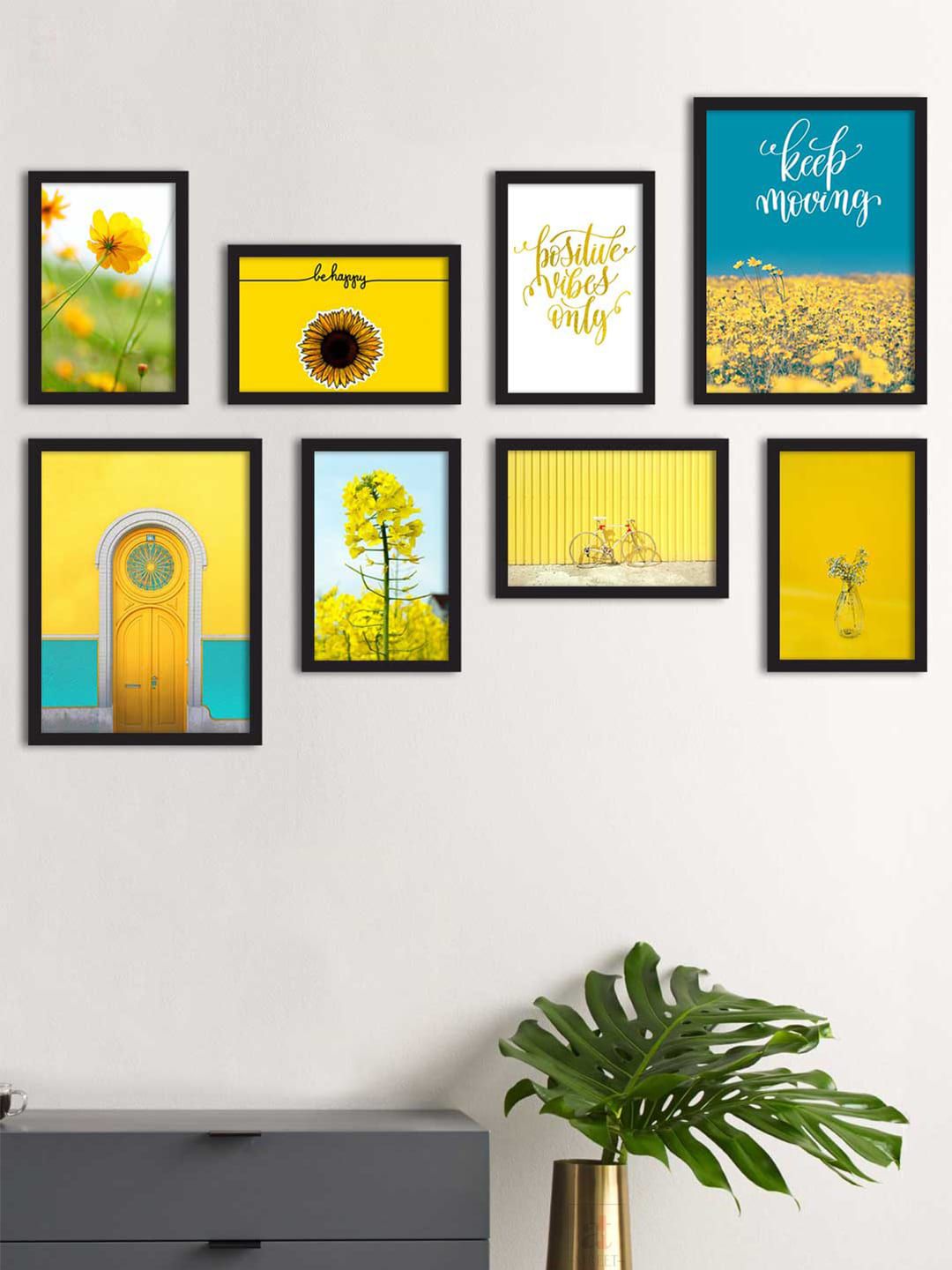 Art Street Set Of 8 Blue & Yellow Floral & Botanical Printed Framed Wall Art Price in India