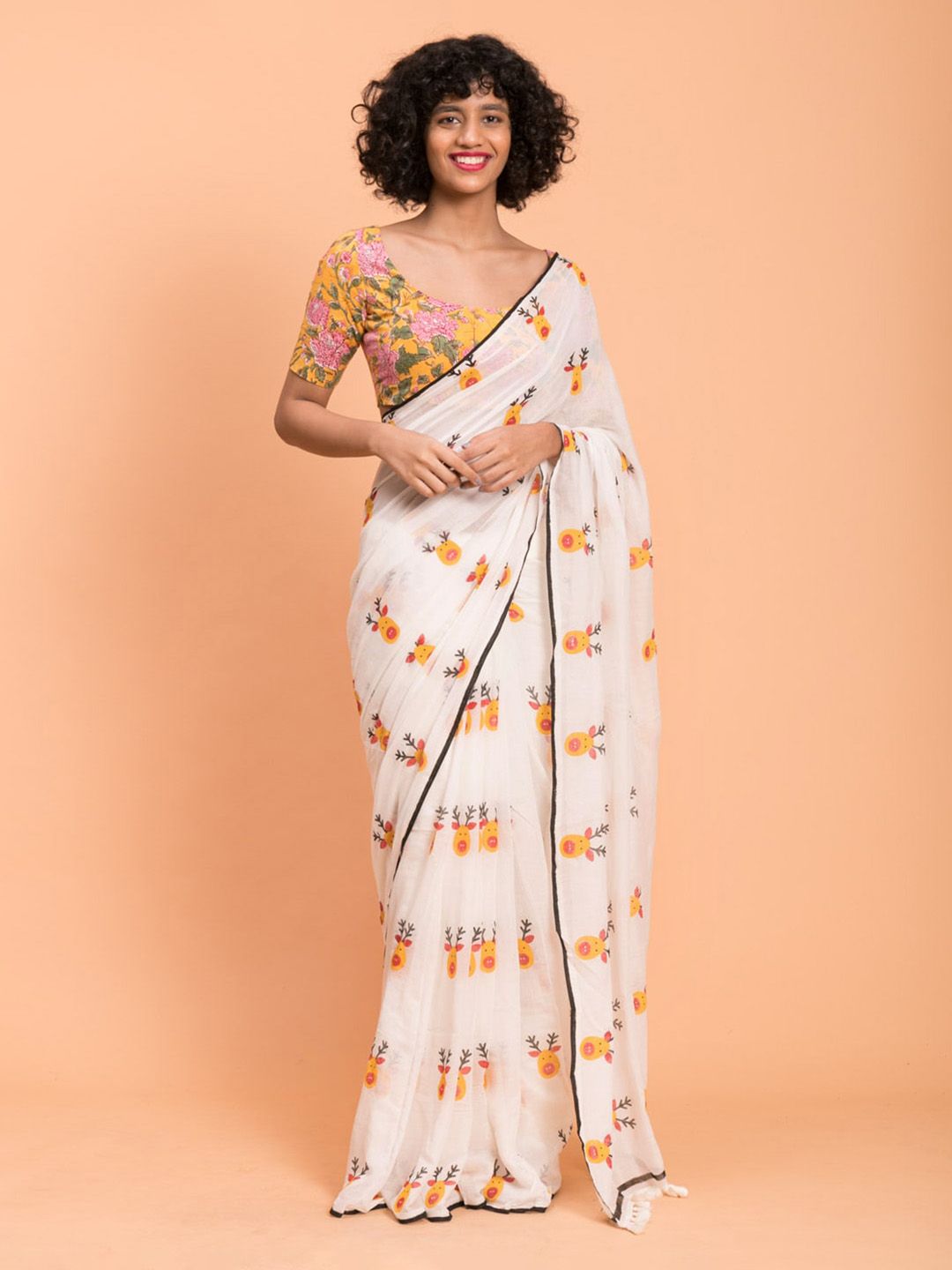 Suta White & Yellow Cotton Blend Printed Handloom Saree