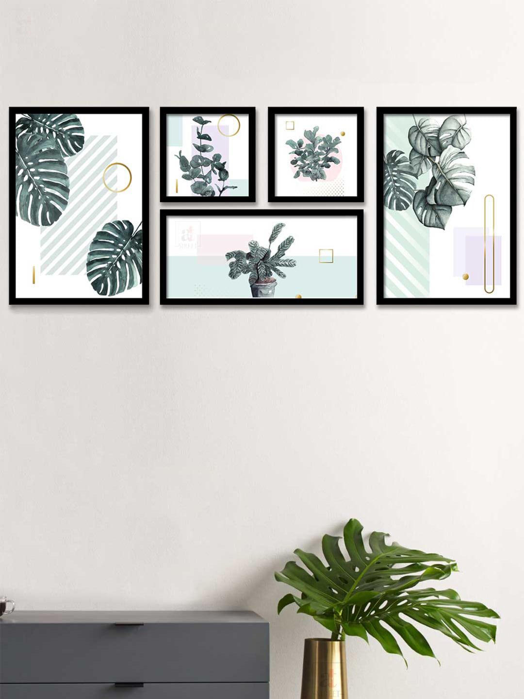 Art Street Set Of 5 Grey & Green Floral & Botanical Printed Wall Art Price in India