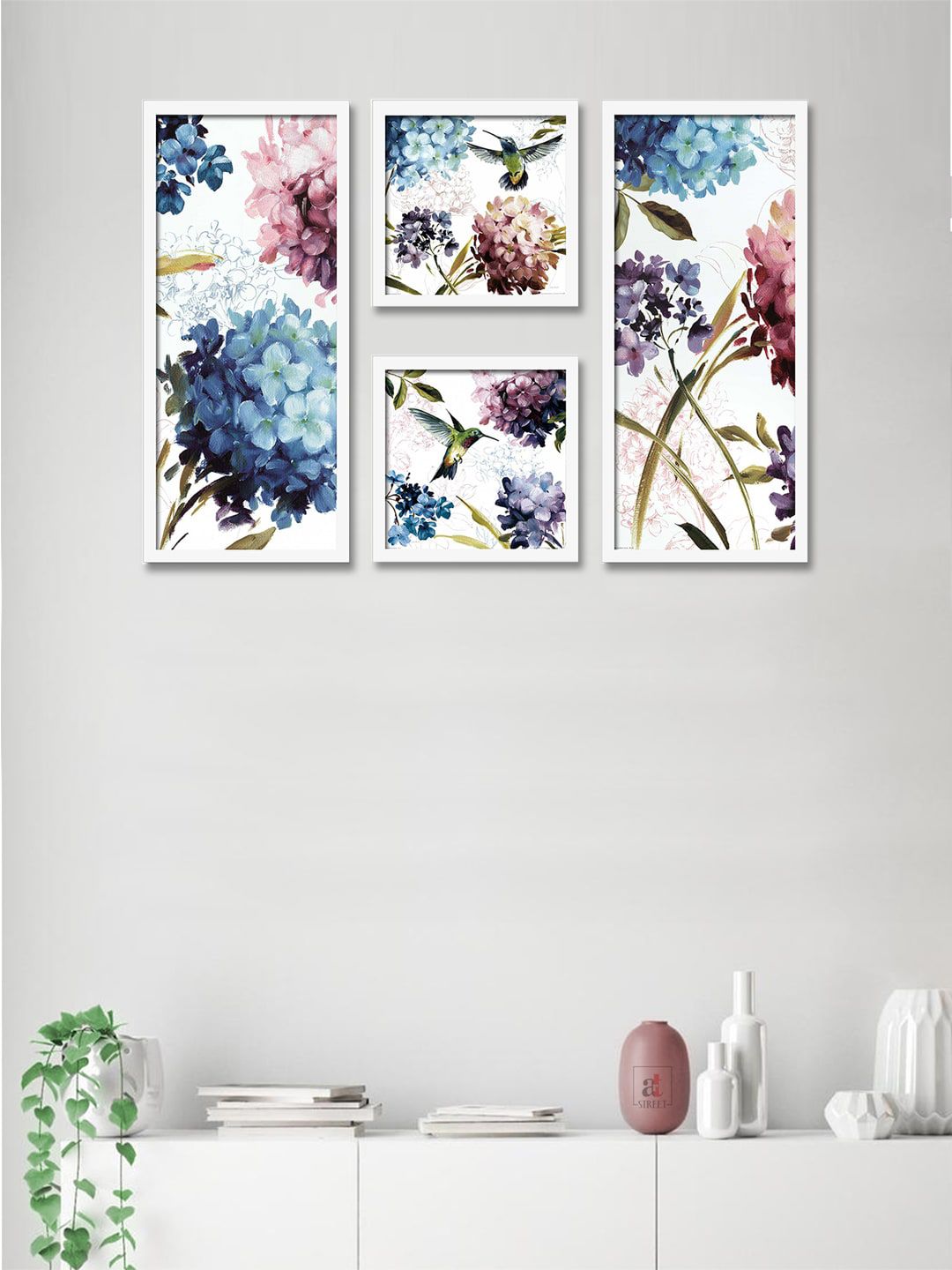 Art Street Set Of 4 White & Blue Floral Theme Framed Paintings Price in India